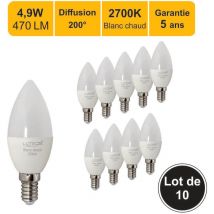 Lot de 10 ampoules LED E14 4,9W 470Lm 2700K - garantie 5 ans