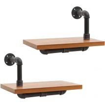 Lot de 2 étagères murales HHG-077, étagère suspendue étagère à livres, structure 3D acier industriel bois massif 29x45x25cm, naturel