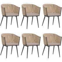 Lot de 6 chaises de salle à manger en aluminium HHG-418, chaise d'intérieur avec accoudoirs, corde tressée en oléfine, crème Coussin marron clair