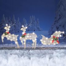 DPZO Set of 3 Outdoor Deer Argenté Christmas Decorations Light Up, Pre-Lit 60 Lights for Santa Sleigh and Reindeer Decor with Stakes Outside for Yard,