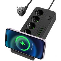 Multiprises Electrique, 11 in 1 Bloc Multiprise, Multiprise avec Interrupteur Parafoudre, 4 Prises Multiprise avec 6 USB, Chargement sans Fil 