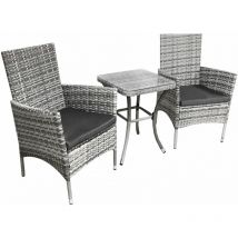 Set Mobilier Bistro Luxe 3 Pièces Rotin Table Verre Trempé 2 Chaises Confortable Terrasse Jardin Salon de Jardin Gris Clair Bistrot Set Parisien