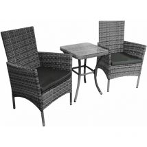 Set Mobilier Bistro Luxe 3 Pièces Rotin Table Verre Trempé 2 Chaises Confortable Terrasse Jardin Salon de Jardin Gris Foncé Bistrot Set Parisien