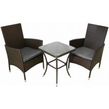 Monster Shop - Set Mobilier Bistro Luxe 3 Pièces Rotin Table Verre Trempé 2 Chaises Confortable Terrasse Jardin Salon de Jardin Marron Bistrot Set