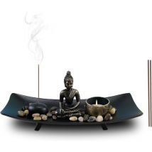 Jardin zen avec figurine de Bouddha Décor Porte-encens japonais Statue de Bouddha avec pierres naturelles et bougeoir, Statue de Bouddha assis pour