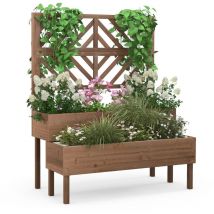 Jardinière avec treillis à 2 niveaux en bois de sapin bac à fleurs rectangulaire avec trou de drainage pour plante grimpante café