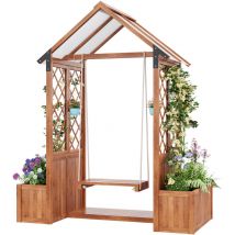 Jardinière avec Treillis et Balançoire extérieure,Avec pare-soleil en polycarbonate,Bac à fleurs en Bois Massif,Pour jardin terrasse cour,142L x 70l