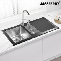 Jassferry - Black Glass Top Kitchen Sink Stainless Steel 1.5 One Half Deep Bowls Right Hand Drainer & Strainer Waste Pipe Kit, 1000 x 500 mm
