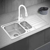 Jassferry - Brilliant Stainless Steel Kitchen Sink 1.5 Square Bowl Rome Style Reversible Drainer with Strainer Waste 970 x 500 mm
