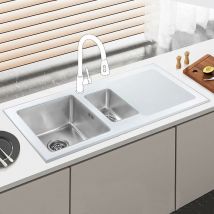 Jassferry - Brilliant White Glass Kitchen Sink Stainless Steel 1.5 One Half Bowl Right Hand Drainer with Strainer Waste, 1000 x 500 mm