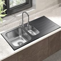Jassferry - Glossy Black Glass Top Kitchen Sink Stainless Steel 1.5 One Half Bowl Right Hand Drainer, 1000 x 500 mm