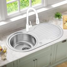 Jassferry - Round Bowl Kitchen Sink Stainless Steel Single Circle Drainboard Reversible Inset with Strainer Waste