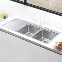 Stainless Steel Kitchen Sink 1160 x 520mm, 2 Bowls Sinks with Left Hand Drainer - Jassferry