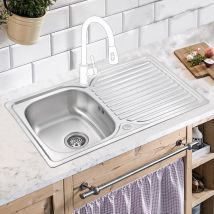 JASSFERRY Stainless Steel Kitchen Sink Single 1 Bowl Inset Reversible Drainer with Waste Pipes Clips, 860 x 500 mm