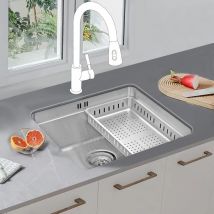 Jassferry - Undermount Kitchen Sink Single Deep Bowl with Stainless Steel Dish Drainer Rack with Strainer Waste, 490 x 440 mm