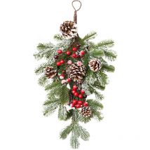 Mur d'arbre à l'envers en Rotin de Pomme de Pin Américain de Noël, Artisanat Rustique avec Cloche à Cordes Baie Rouge pour Décor Suspendu d'arbre de