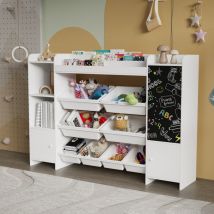 Jookgbd-kinderregal 137x30x94.5 Cm Mit Tafel, Multifunktionales Bücherregal Mit 8 Boxen, 2 Fächern Und Schrank, Spielzeug Aufbewahrungsmöbel Für 