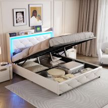Jookgbd- Polsterbett 160x200 Cm, Doppelbett Mit Bettkasten Und Stauraum, Jugendbett, Kopfteil Mit Led-beleuchtung Und Usb/type-c-anschlüssen, 