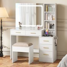 Jookgbd- Schminktisch Mit Led-spiegel, Kommode Mit Hocker, Glasplatte, Usb- Und Steckdosen-integration, Schubladenschrank Mit Föhnhalter, Für 