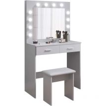 Joolihome Living - Coiffeuse avec Miroir et Tabouret led, Hollywood Style Table de Maquillage avec 2 Grands tiroirs, 80x40x140cm, Gris