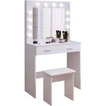 Joolihome Living - Coiffeuse avec Miroir et Tabouret led, Hollywood Style Table de Maquillage avec 2 Grands tiroirs, 80x40x140cm, Blanc