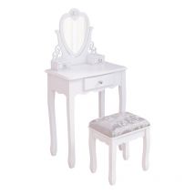 Joolihome Living - Coiffeuse Enfant, Table de Maquillage en Bois avec Tabouret Rembourré et Miroir Amovible, 3 Tiroirs, Style Princesse EuropéEnne,