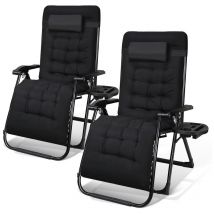 2x Chaise longue relax de jardin Transat en de Jardin 86x75x113cm Charge maximale: 150 kg Noir avec appui-tête réglable + Coussin - Jopassy