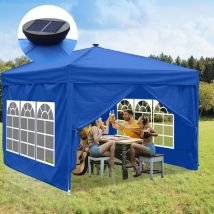Swanew Carpa de fiesta plegable Pérgola de jardín Protección uv para jardín, camping con paneles laterales 3x3m Azul con luz solar led