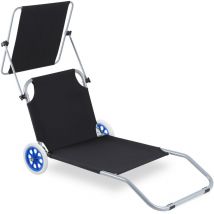 Chaise longue noire avec 2x roulettes chaise longue pliante avec protection solaire Alu - Jopassy