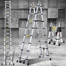 SWANEW Teleskopleiter schwarz Aluminium Klappbar Multifunktionsleiter Anlegeleiter 2.5M+2.5M Mehrzweckleiter Fingerklemmschutz Auszeihleiter Klappbar