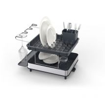 Joseph Joseph Excel - Scolapiatti in acciaio inox a 2 livelli per lavare i piatti con beccuccio di sgrondo, scolaposate mobile, supporto per