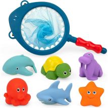 Kinsi - Jouet de Bain Bébé, 7 Pièces Jouets Aquatiques Baignoire ou Piscine Animaux Flottants avec Filet de Pêche