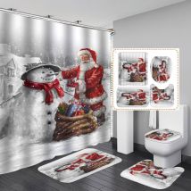 Tonchean - Joyeux noël 4 pièces Salle de Bain Rideau Ensemble père noël imperméable Rideau de Douche Toilette Couverture Tapis antidérapant Tapis