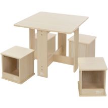 Kindersitzgruppe mit 1 Tisch und 4 Hockern, 5tlg Kindertischgruppe Holz, Kindermöbel Set für Kinder, Kinderhockern mit Stauraum, Kindertisch