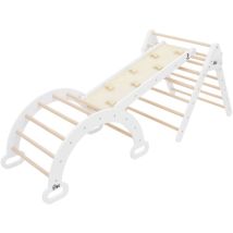 3in1 Kletterdreieck mit Rutsche & Kletterbogen, Natur-Weiß, Holz, Bogenwippe mit Kletterrampe Pikler Art, Montessori Klettergerüst Set Indoor für