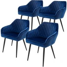 ML-Design Set 4x Sillas de Comedor Azul Oscuro Estilo Moderno Asiento Tapizado de Terciopelo Patas de Metal Negras con Respaldo y Apoyabrazos Sillón