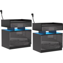 Juego de 2 Mesita de Noche de Alto Brillo con Enchufe Dormitorio Mesitas de Noche con Tira de luz led Negro Mesa Auxiliar con 2 Cajones para Sala de
