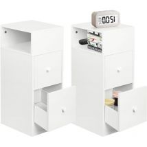 Skecten - Juego de 2 mesitas de noche estrechas con 2 cajones y compartimento abierto, mesa auxiliar para sofá, mueble de almacenaje compacto para
