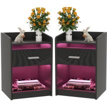Chleby - Juego de 2 mesitas de noche led con enchufe, color negro brillante con 1 cajón, 2 enchufes ac, 2 puertos usb, mesita de noche para salón, 40