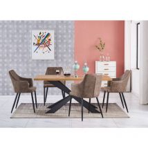 Juego de comedor Duke LUX Zarah: mesa de comedor de madera de roble y juego de 4 sillas de comedor de cuero marrón claro - Comedor Cocina