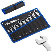 Relaxdays - Pack de 10 Llaves Combinadas, de Boca y Estrella, Con Articulación y Carraca, 10-19 mm, con Bolsa, Negro