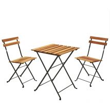 Juego de tres mesas y sillas plegables para exterior, madera de acacia y estructura de metal negro, color marrón claro