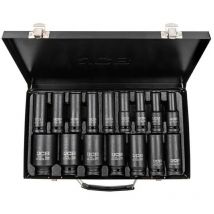 JCB - Juego de vasos de impacto profundos 16 piezas 10-36mm, para llave neumática y eléctrica, acero Cr-Mo, casquillos resistentes, estuche práctico,