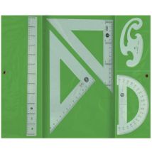 Liderpapel - Juego escuadra y cartabon 25cm regla 30cm semicirculo 15cm y plantilla de curvas en petaca opaca color verde