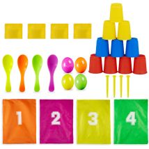 Relaxdays - Juegos Fiestas Infantiles, 3 en 1, Cumpleaños Jardín, Carrera Sacos y Huevos, Lanzamiento de Latas, Multicolor