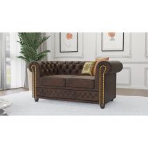 Jule - Chesterfield 2 sitzer Sofa mit Schlaffunktion aus Dunkelbraun Vintage Optik Microfaser mit Holzfüßen