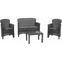 Jungle - Salottino Da Giardino Con Divanetto + 2 Poltrone + Tavolino In Polyrattan Con Cuscini - Antracite