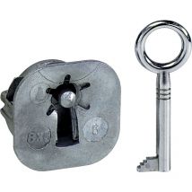 Möbelschloss-Schließeinsatz 3 Zuhaltungen 6 mit Zierschlüssel – Metall – Einbautiefe 13,5 mm – Breite Rosette 25,3 mm – Höhe Rosette 25,3 mm