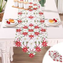 38CM x 176CM Chemins De Table De Noël, 2 Côtés Coton Et Lin Brodé Chemin De Table Poinsettia Et Feuille De Houx Linge De Table pour La Décoration De