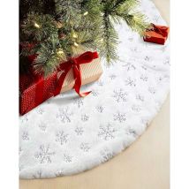 Jupe de Sapin de Noël Argent Sequin Flocon de Neige, 90CM Decoration Sapin Noël, Blanc Neige Fausse Fourrure Couvre-Pied de Sapin, Noël Decoration